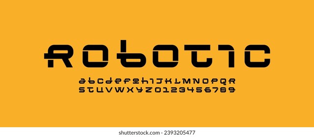 Technical wide thick future font, digital cyber alphabet, trendy letters from A to Z and numbers from 0 to 9, vector illustration 10EPS