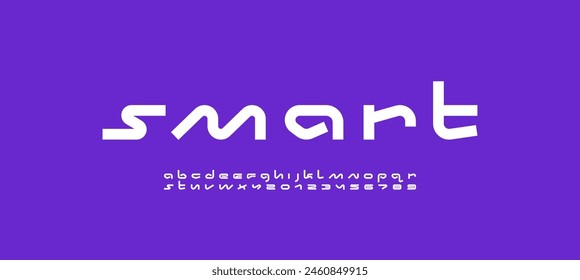 Technical wide thick future font, digital cyber alphabet, trendy original letters from A to Z and numbers from 0 to 9, vector illustration 10EPS