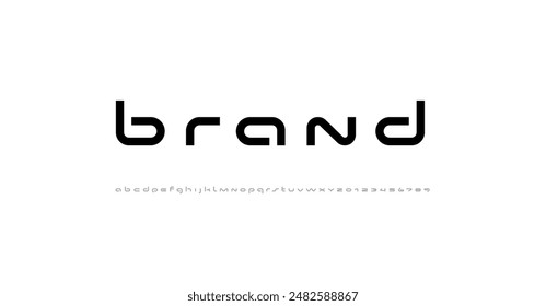 Technical wide thick future font, digital cyber alphabet, trendy letters A, B, C, D, E, F, G, H, I, J, K, L, M, N, O, P, Q, R, S, T, U, V, W, X, Y, Z and numerals 0, 1, 2, 3, 4, 5, 6, 7, 8, 9, vector 