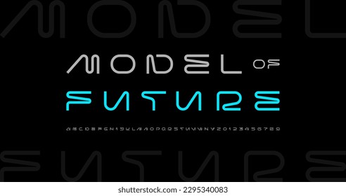 Technical wide thin future font, digital cyber alphabet, trendy original uppercase letters from A to Z and numbers from 0 to 9 for interface design, vector illustration 10EPS