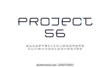 Technical wide thin future font, digital cyber alphabet, trendy original letters from A to Z and numbers from 0 to 9 for interface design, vector illustration 10EPS