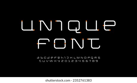 Technical wide thin future font, digital cyber alphabet, trendy original letters from A to Z and numbers from 0 to 9 for interface design, vector illustration 10EPS