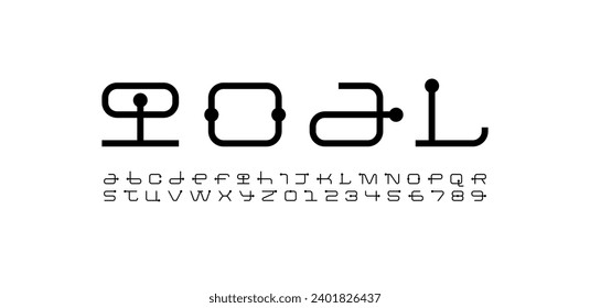 Technical wide thin future font, digital cyber alphabet, trendy universal letters from A to Z and numbers from 0 to 9 for interface design, vector illustration 10EPS