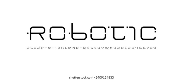 Technical wide thin future font, digital cyber alphabet, trendy letters A, B, C, D, E, F, G, H, I, J, K, L, M, N, O, P, Q, R, S, T, U, V, W, X, Y, Z and numerals 0, 1, 2, 3, 4, 5, 6, 7, 8, 9, vector i