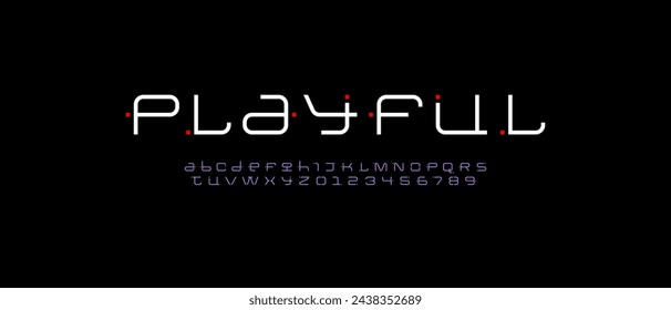 Technical wide thin future font, digital cyber alphabet, trendy letters A, B, C, D, E, F, G, H, I, J, K, L, M, N, O, P, Q, R, S, T, U, V, W, X, Y, Z and numerals 0, 1, 2, 3, 4, 5, 6, 7, 8, 9