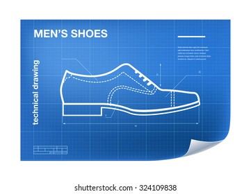 Technical wireframe Illustration with men's shoe drawing on the blueprint