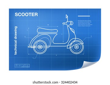 Technical wireframe Illustration with scooter drawing on the blueprint