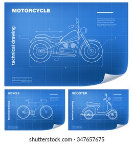 Technical wireframe Illustrations with motorbike, bicycle and scooter drawing on the blueprint svg