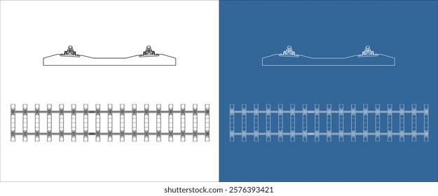 technical wireframe railway track, showcasing a cross-sectional view and a top-down layout