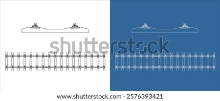 technical wireframe railway track, showcasing a cross-sectional view and a top-down layout