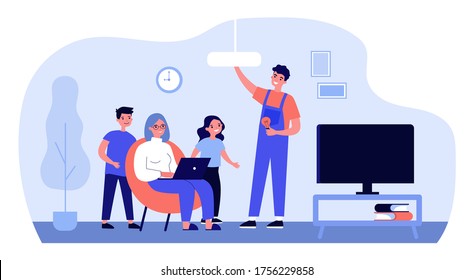 Technical worker changing lightbulb in chandelier. Home-call, overall, family flat vector illustration. Housekeeping help, household help concept for banner, website design or landing web page