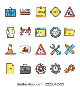 Technical works color line icons. Website banner. Download process. System update.