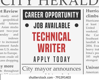 Technical writer career - job hiring classified ad vector in fake newspaper.