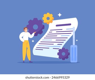 Technical Writer Concept. Create writing content related to the technicalities of a product or service. A man with a gear, a screwdriver, and a sheet of paper. illustration concept design. graphic 