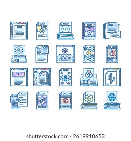 technical writer doc doodle icons set vector. typewriter manual, old technical, paper hand, document vintage, guide, stroke technical writer doc sketch hand drawn
