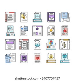 technical writer doc icons set vector. typewriter manual, old technical, paper hand, document vintage, guide, stroke technical writer doc color line illustrations