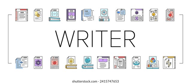 technical writer doc icons set vector. typewriter manual, old technical, paper hand, document vintage, guide, stroke technical writer doc color line illustrations