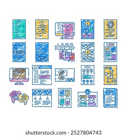 technical writer document manual doodle icons set vector. sketch line art typewriter plan, stroke guide, type content, book project, old, writing paper office technical document color illustrations