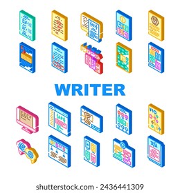 technical writer document manual icons set vector. typewriter plan, stroke guide, type content, book project, old, writing paper office technical writer document manual isometric sign illustrations