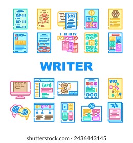 technical writer document manual icons set vector. typewriter plan, stroke guide, type content, book project, old, writing paper office technical writer document manual color line illustrations