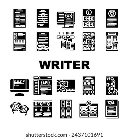 technical writer document manual icons set vector. typewriter plan, stroke guide, type content, book project, old, writing paper office technical writer document manual glyph pictogram Illustrations