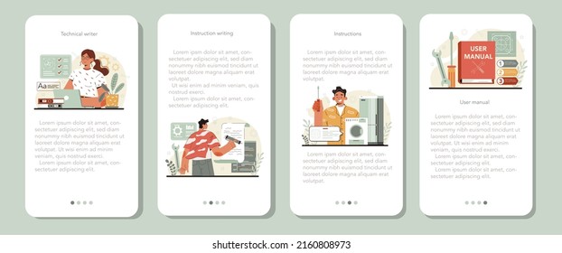 Technical writer mobile application banner set. User manual tutorial writing. Guidebook and technical instructions documenting. Flat vector illustration