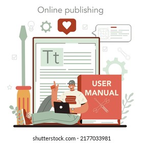Technical writer online service or platform. User manual tutorial writing. Guidebook documenting. Online publishing. Flat vector illustration