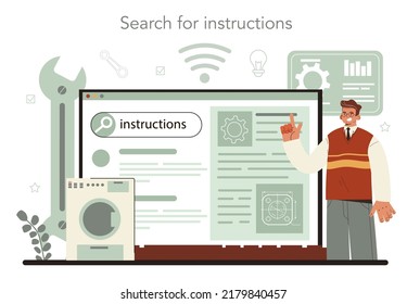 Technical writer online service or platform. User manual tutorial writing. Guidebook documenting. Online search for instruction. Flat vector illustration
