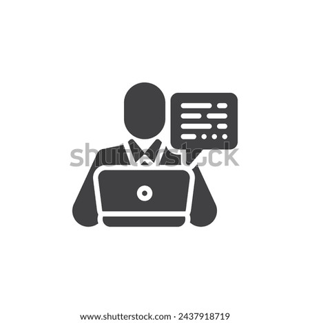 Technical Writer vector icon. filled flat sign for mobile concept and web design. Person writing documentation on a computer glyph icon. Symbol, logo illustration. Vector graphics