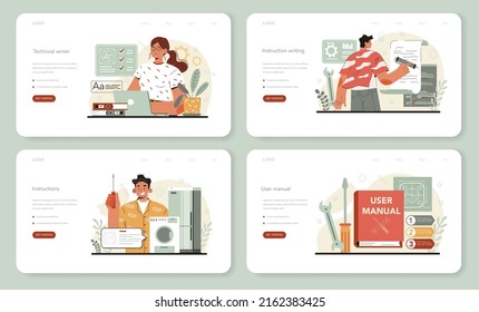 Technical writer web banner or landing page set. User manual tutorial writing. Guidebook and technical instructions documenting. Flat vector illustration