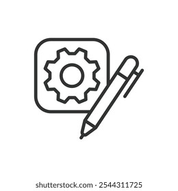 Aplicación de escritura técnica, icono en el diseño de línea. Técnico, escritura, aplicación, software, herramienta, editor, contenido sobre fondo blanco Vector. Icono de trazo editable de la aplicación de escritura técnica