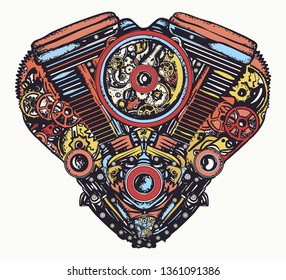 Technically mechanical heart color tattoo and t-shirt design. Steampunk engine art 