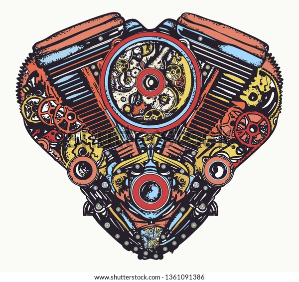 Technically mechanical heart color tattoo and\
t-shirt design. Steampunk engine art\
