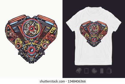 Technisch mechanisches Herz. Steampunk-Motorkunst. Druck für T-Shirts und ein anderes, trendy Bekleidungsdesign