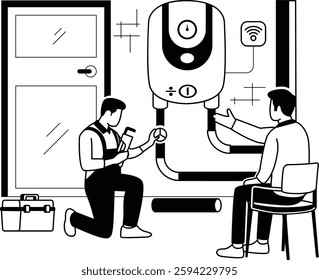 Technician Adjusting Inspecting smart Geyser vector design, plumbing worker sketch, Handyman Services scene HVAC illustration, plumber repairing iot water heater while homeowner explains issue concept - Powered by Shutterstock - Get 15% off with code: PIKWIZARD15