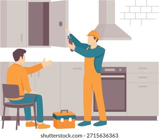 técnico ajusta el gabinete superior utilizando el concepto de herramienta eléctrica, trabajo en equipo detrás del diseño perfecto del Vector de cocina, Anuncio de los trabajadores de la construcción, escena de trabajo calificado, obras de ingeniería civil