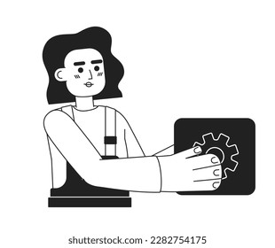 IT technician black and white concept vector spot illustration. Editable 2D flat monochrome cartoon character for web design. Operations management creative line art idea for website, mobile, blog