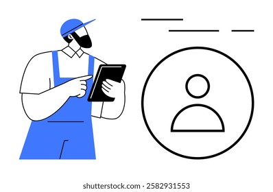 Technician in blue overalls and cap holds a tablet with user profile icon nearby. Ideal for tech support, IT services, customer management, service industry, technical support, digital tools, online