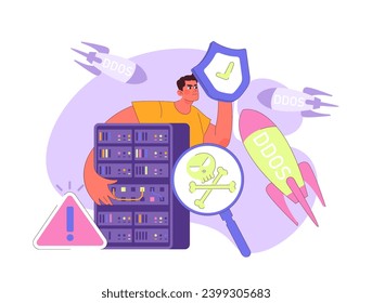 Technician bravely shields servers from relentless DDoS missiles, emphasizing urgency and defense against massive cyber onslaught. Online threat. Defense measures. Flat vector illustration