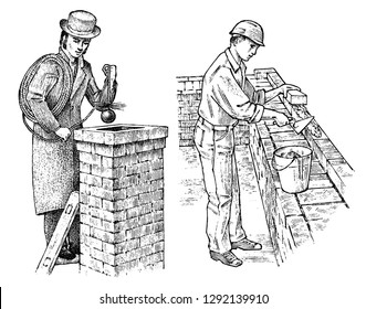 Technician Bricklayer and Man builder on the roof of the house. Gentleman and Worker Engineer in the helmet make repairs. Hand drawn retro vintage illustration. Engraved sketch.