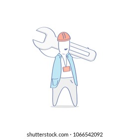 Technician, builder or engineer, mechanic, construction worker, handyman with wrench, spanner. Industrial, development icon concept. Flat outline vector illustration cartoon character.