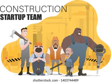 Technician and builders and engineers and mechanics and Construction Worker teamwork ,illustration cartoon character. Landing page slide template.