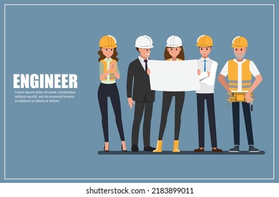 Técnico y constructores e ingenieros y mecánicos y trabajadores de la construcción Trabajos en equipo, Caricatura de ilustración vectorial.