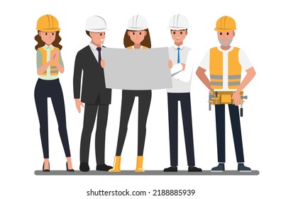 Técnico y constructores e ingenieros y mecánicos y trabajadores de la construcción Trabajos en equipo, Caricatura de ilustración vectorial.