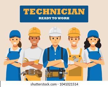 Technician And Builders And Engineers And Mechanics People Teamwork ,Vector Illustration Cartoon Character.