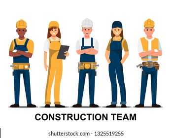 Técnico y constructores e ingenieros y mecánicos Equipo de gente, ilustración vectorial personaje de caricatura.