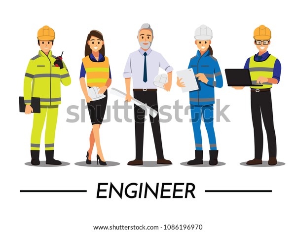 技術者 建築家 エンジニア 機械人のチームワーク ベクターイラストの漫画キャラクター のベクター画像素材 ロイヤリティフリー
