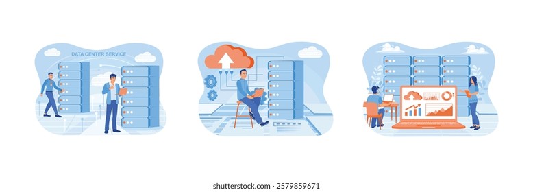 Technician checking data center services.Uses cloud technology to store data. Cloud computing services for storing business data. Data center concept. Set flat vector illustration.