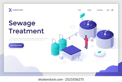 Técnico que comprueba el equipo de la planta de tratamiento de aguas residuales. Plantilla isométrica de la página de inicio del tratamiento de aguas residuales. Eliminación de contaminantes del agua de alcantarillado Ilustración vectorial 3D creativa para la página de Web