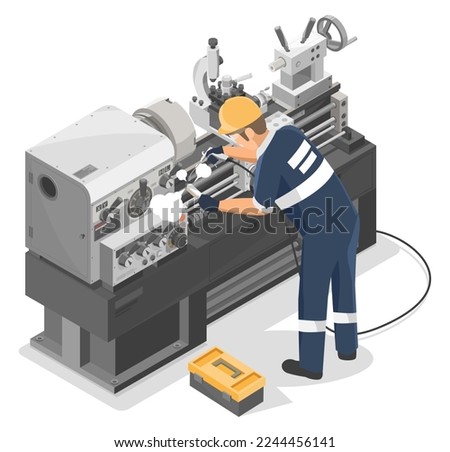 Technician Cleaning Metal Lathe Machine After work metalworker clean Maintenance engineer concept isometric industrial machinery labor working isolated Сток-фото © 